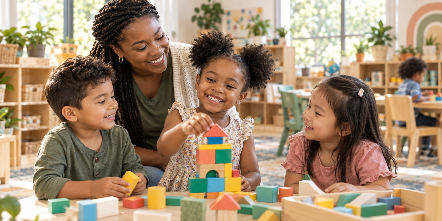 Teacher and children building with colorful blocks