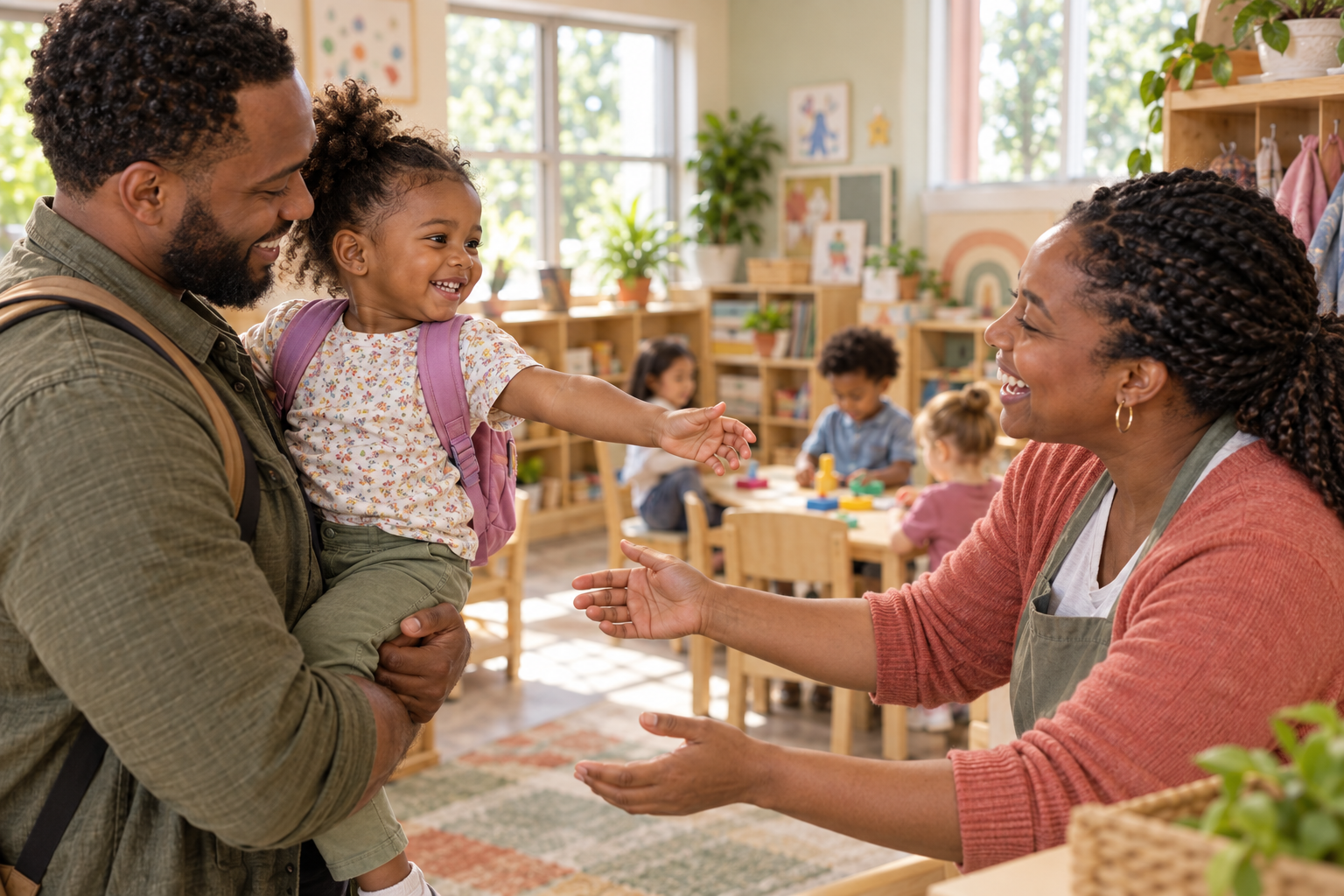 Family receiving a warm welcome from a teacher